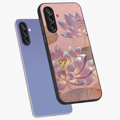 Blossom Mist Lotus Glass Case displayed in angled mockup highlighting delicate lotus illustration with calm aesthetic theme.
