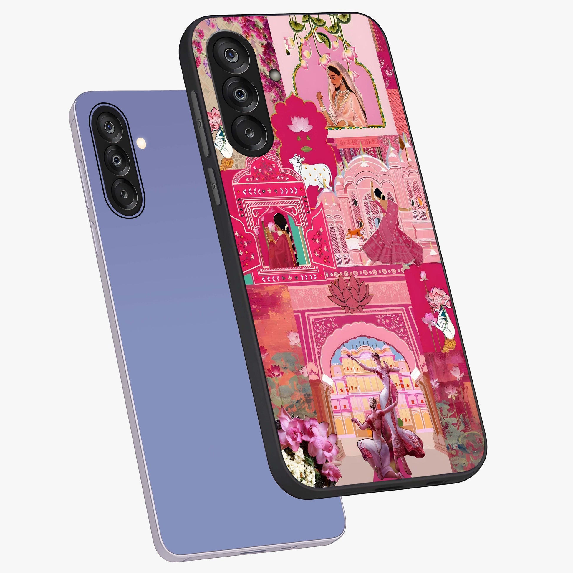 Blossoms of Rajasthan Glass Case displayed in angled mockup highlighting vibrant floral pattern with cultural aesthetic style.