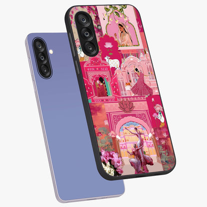 Blossoms of Rajasthan Glass Case displayed in angled mockup highlighting vibrant floral pattern with cultural aesthetic style.