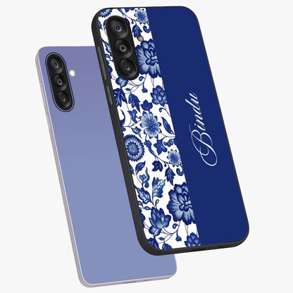 Blue Vintage Floral Pattern Glass Case displayed in angled mockup highlighting subtle bloom pattern with aesthetic pastel design.