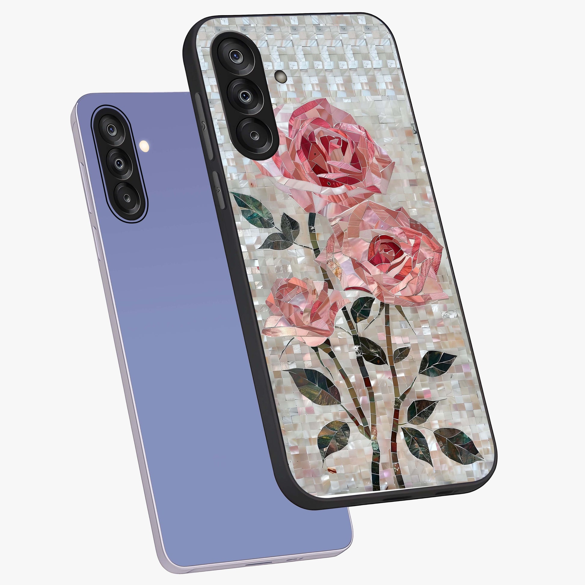 Blush Mosaic Bloom Glass Case displayed in angled mockup highlighting artistic mosaic flower pattern with aesthetic design.