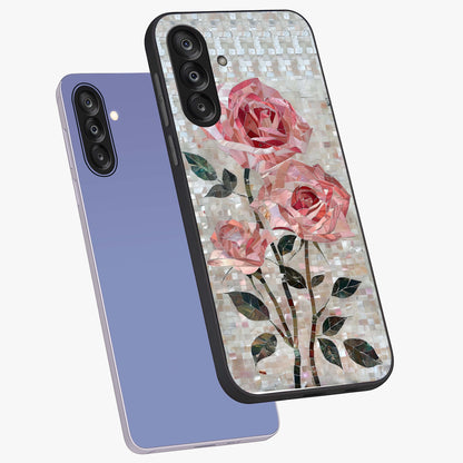 Blush Mosaic Bloom Glass Case displayed in angled mockup highlighting artistic mosaic flower pattern with aesthetic design.