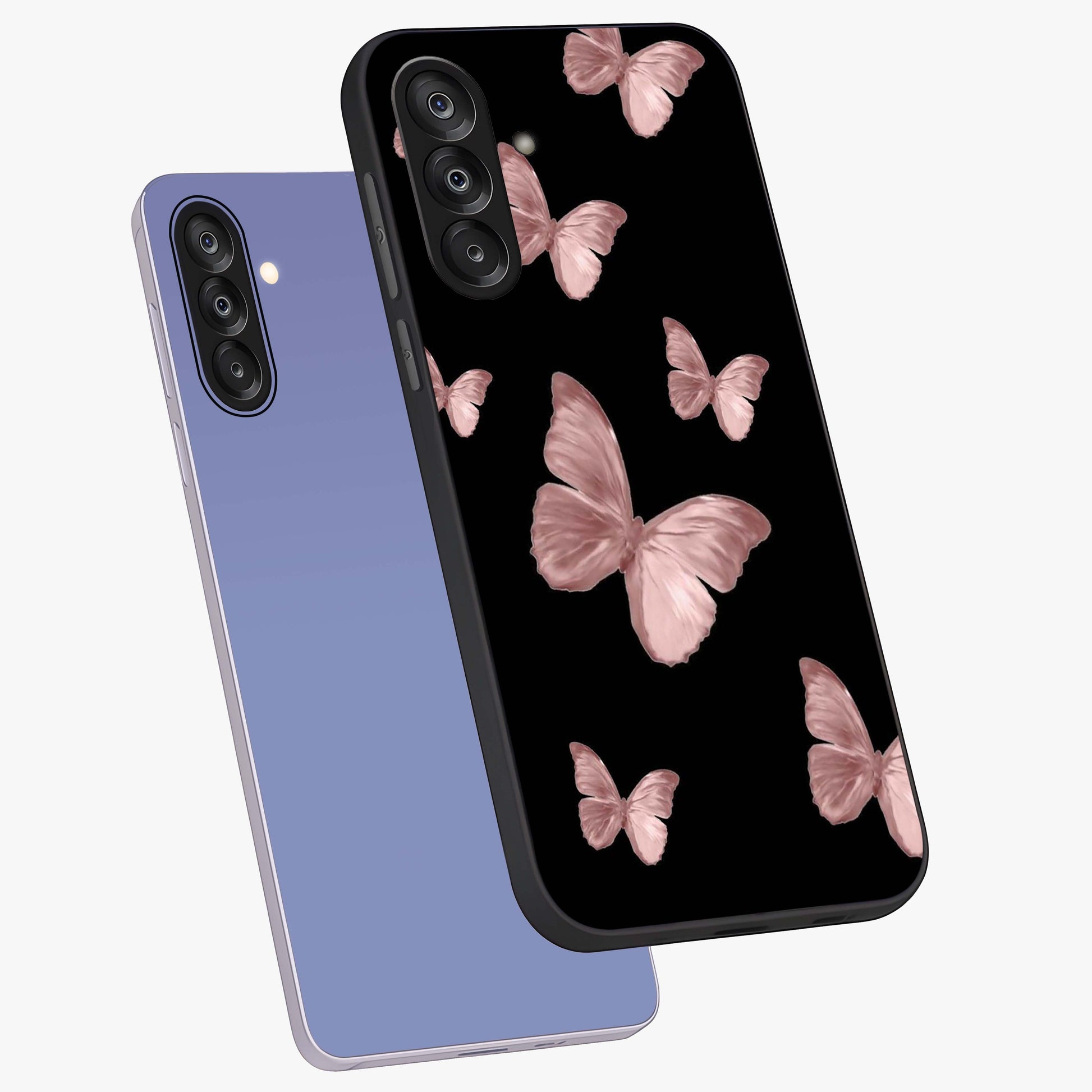 Butterfly Pattern Glass Case displayed in angled mockup highlighting delicate butterfly design and aesthetic pattern style.