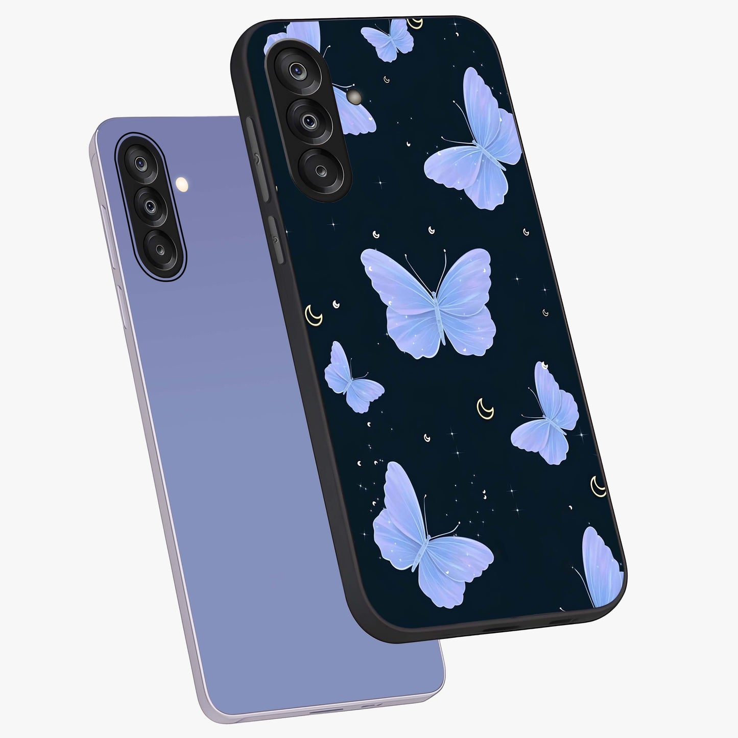 Butterfly With Stars Pattern Glass Case displayed in angled mockup highlighting dreamy butterfly and star design with aesthetic theme.
