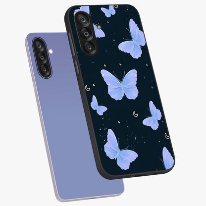 Butterfly With Stars Pattern Glass Case displayed in angled mockup highlighting dreamy butterfly and star design with aesthetic theme.