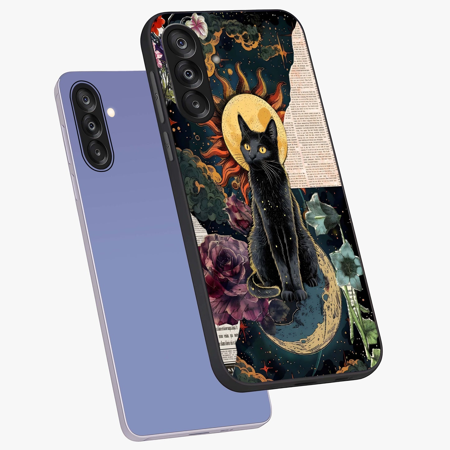 Celestial Black Cat Glass Case displayed in angled mockup highlighting cosmic black cat design with celestial aesthetic.