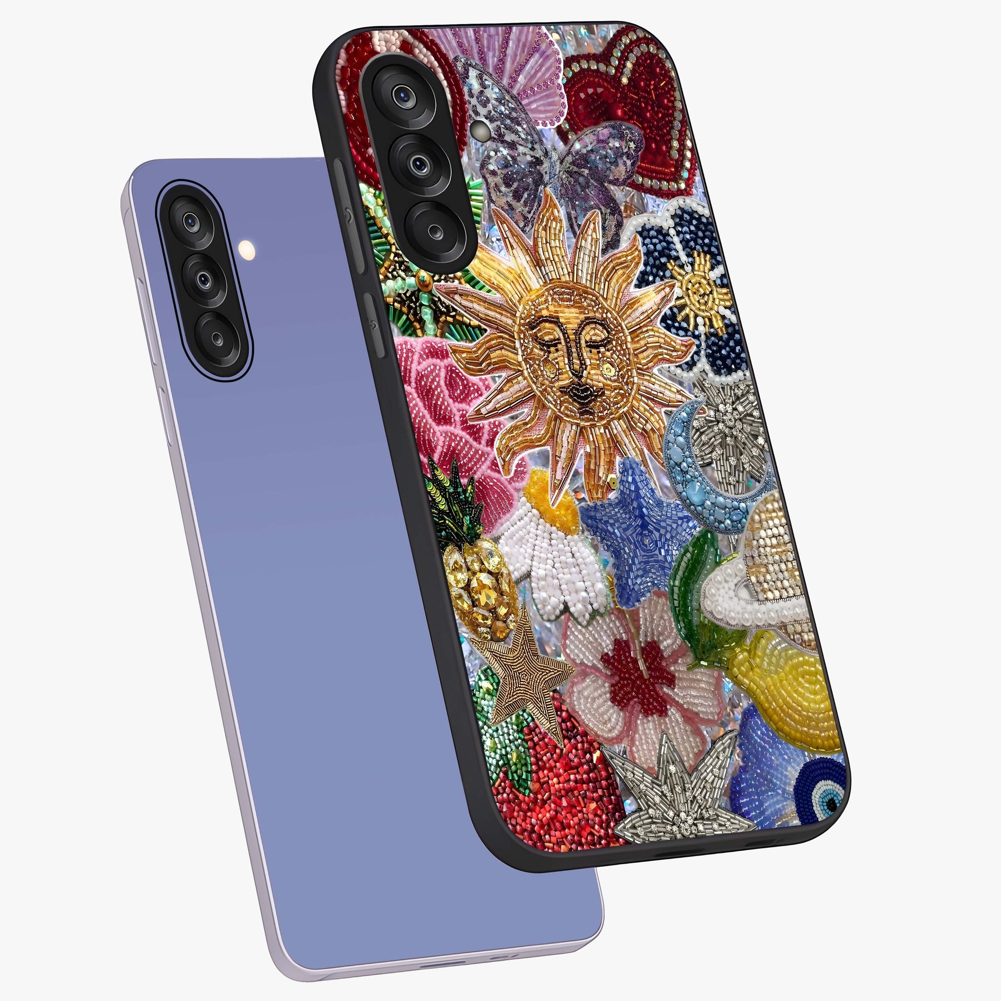Celestial Floral and Playful Glass Case displayed in angled mockup highlighting playful floral design with dreamy celestial elements.