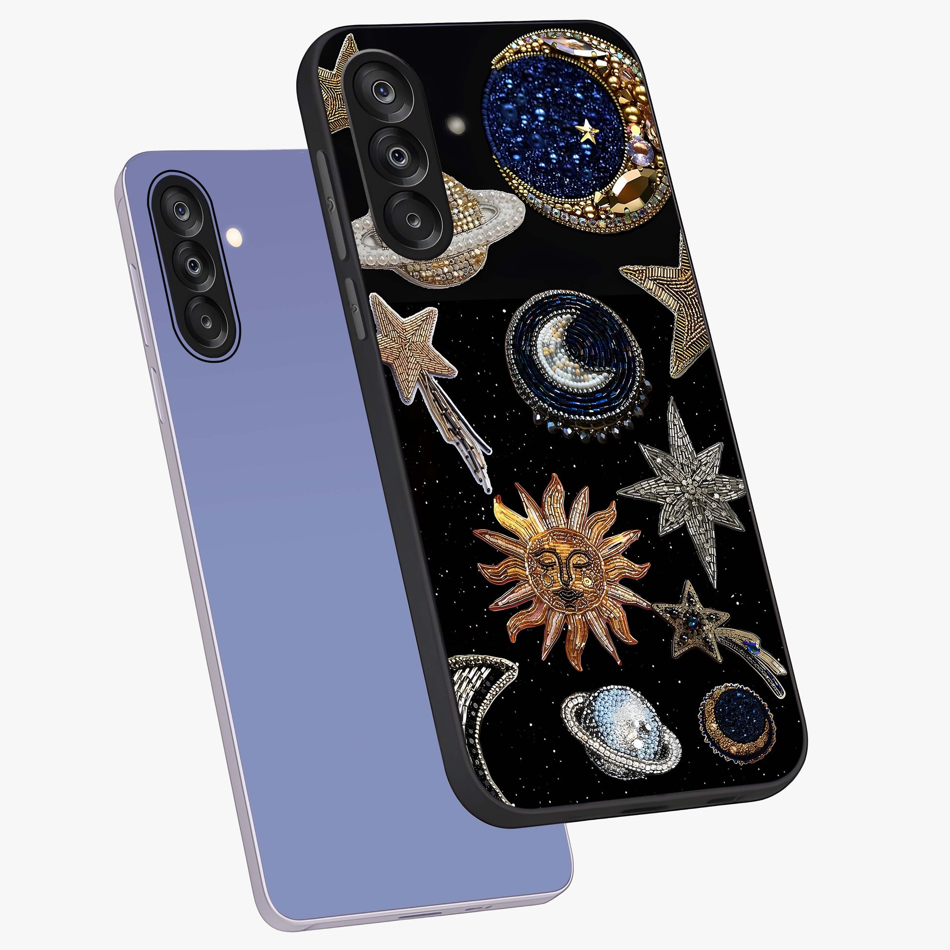 Celestial Gem Constellations Glass Case displayed in angled mockup highlighting gemstone inspired constellation design.