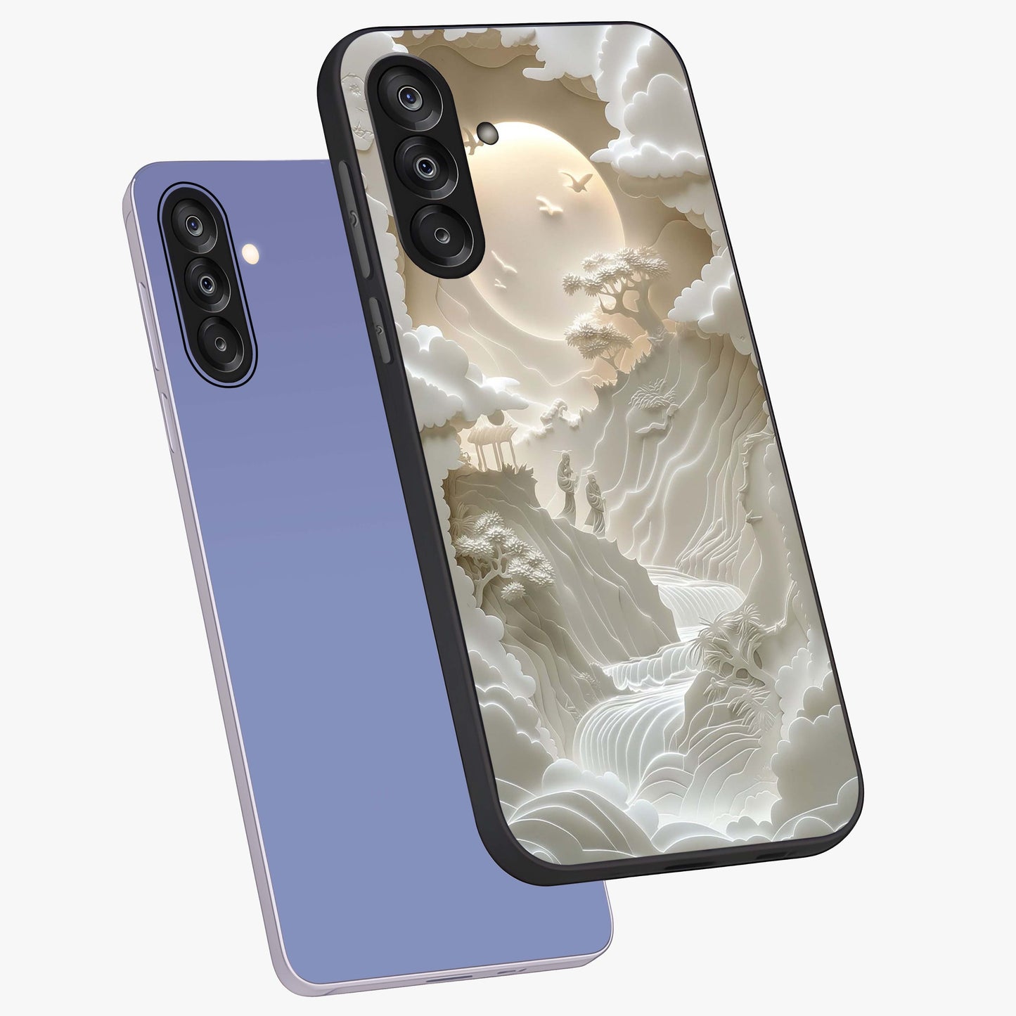 Celestial Origami Glass Case displayed in angled mockup highlighting geometric origami design with cosmic aesthetic theme.