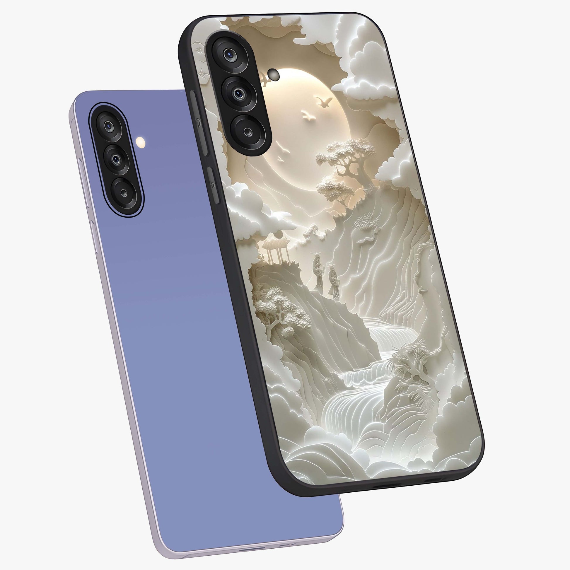 Celestial Origami Glass Case displayed in angled mockup highlighting geometric origami design with cosmic aesthetic theme.