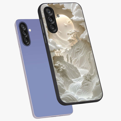 Celestial Origami Glass Case displayed in angled mockup highlighting geometric origami design with cosmic aesthetic theme.