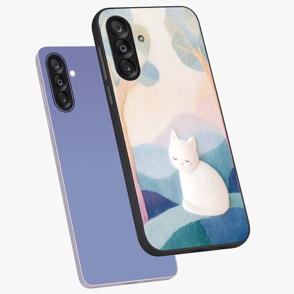 Cotton Dream Cat Glass Case displayed in angled mockup highlighting cute feline illustration with pastel aesthetic style.
