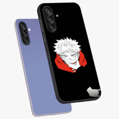 Crimson Chaos Smile Glass Case displayed in angled mockup highlighting edgy crimson smile design with graphic aesthetic.