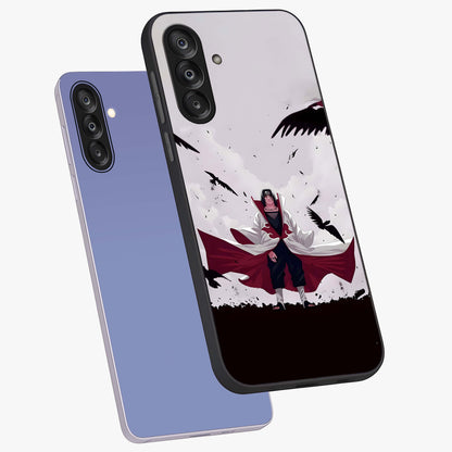 Crimson Crow Ascension Glass Case displayed in angled mockup highlighting powerful crow illustration with dark crimson aesthetic.