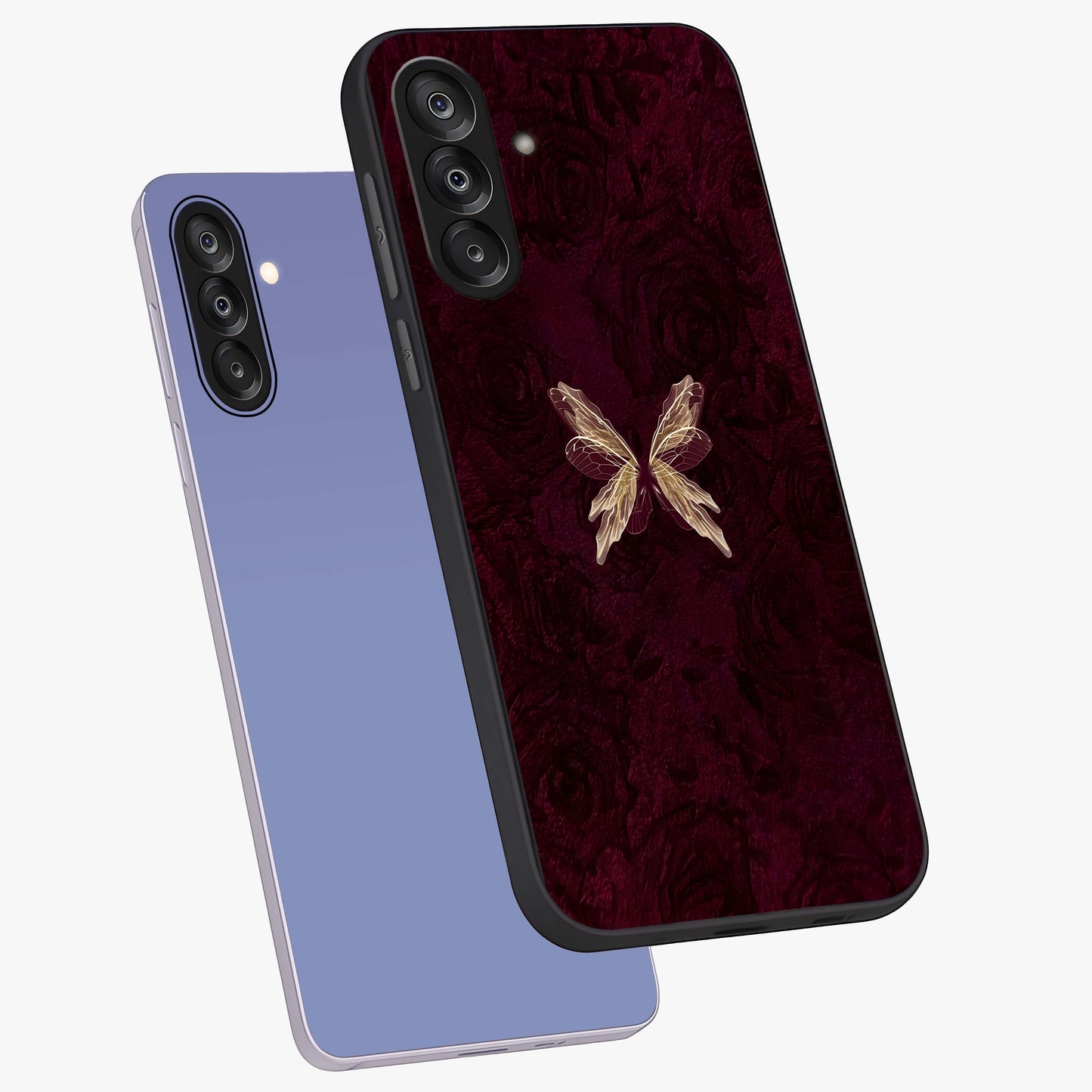 Crimson Fade Butterfly Glass Case displayed in angled mockup highlighting elegant butterfly design with crimson gradient aesthetic.
