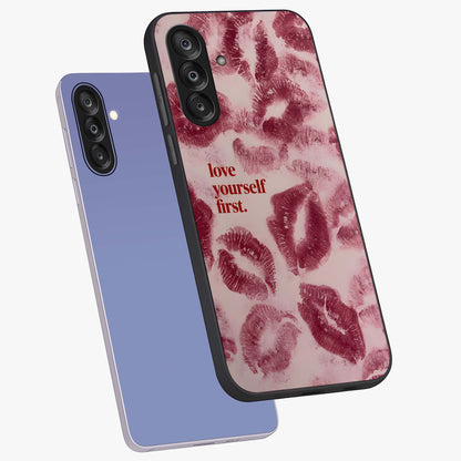 Crimson Kiss Love Glass Case displayed in angled mockup highlighting bold love inspired design with modern aesthetic style.