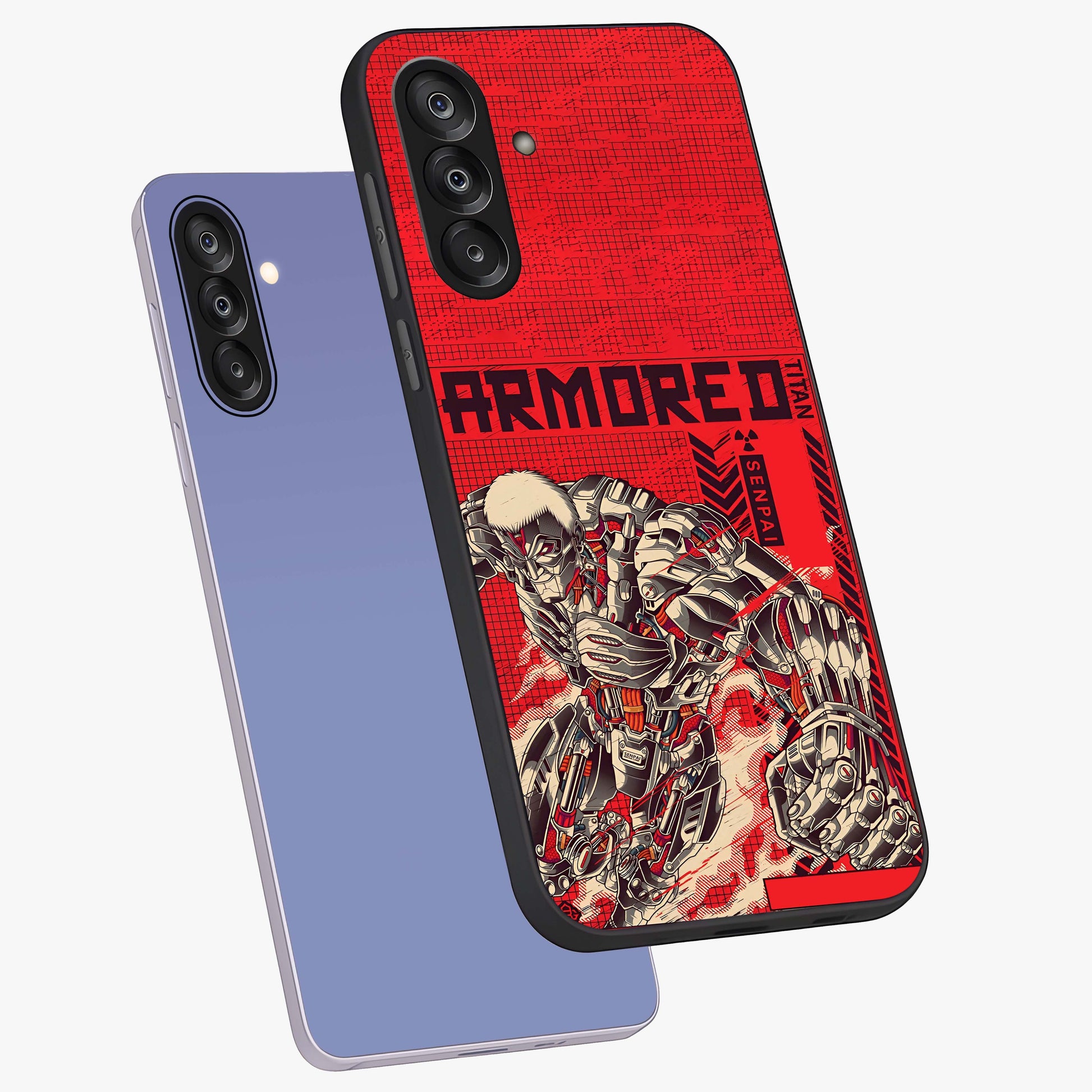 Crimson Mecha Titan Glass Case displayed in angled mockup highlighting futuristic mech illustration with bold crimson aesthetic.