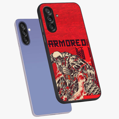 Crimson Mecha Titan Glass Case displayed in angled mockup highlighting futuristic mech illustration with bold crimson aesthetic.