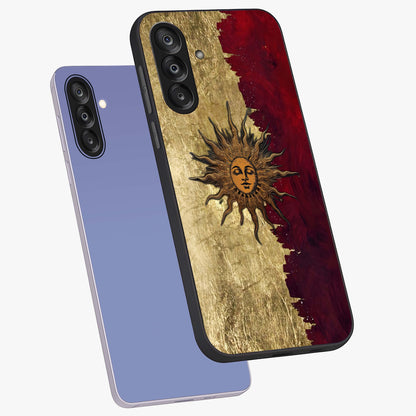 Crimson Sun Majesty Glass Case displayed in angled mockup highlighting majestic crimson sun design with bold aesthetic style.