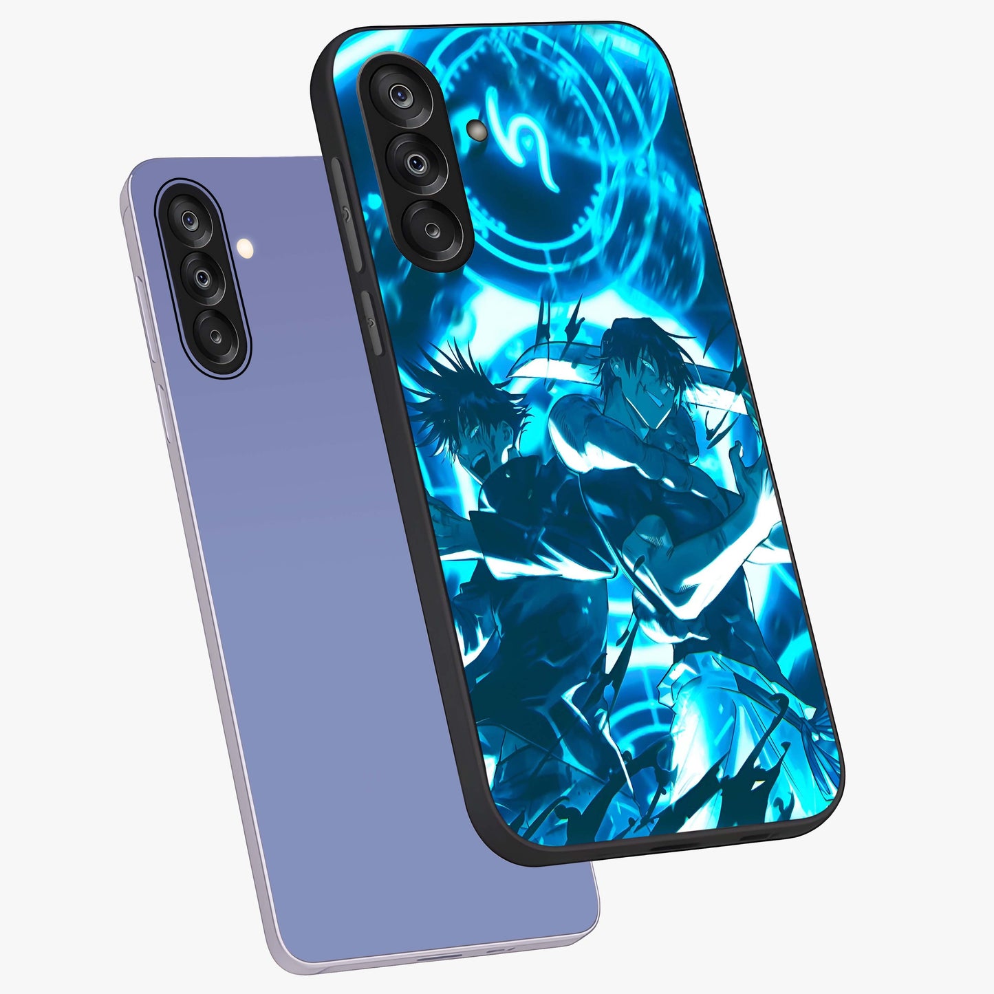 Cursed Energy Clash Glass Case displayed in angled mockup highlighting powerful battle inspired graphic with anime style aesthetic.
