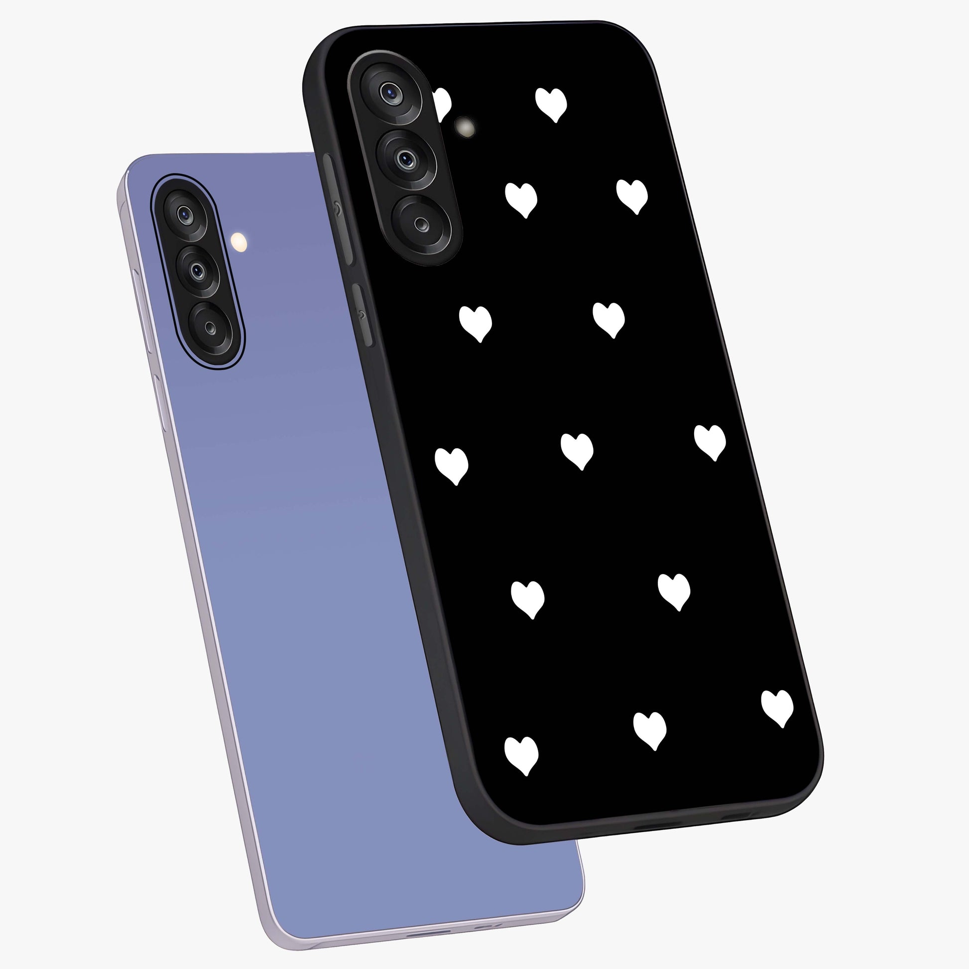 Cute And Simple White Hearts Glass Case displayed in angled mockup highlighting cute heart design with clean aesthetic style.
