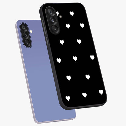 Cute And Simple White Hearts Glass Case displayed in angled mockup highlighting cute heart design with clean aesthetic style.