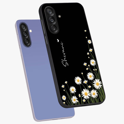Daisy Cascade Custom Name Glass Case displayed in angled mockup highlighting delicate daisy artwork with custom name feature.