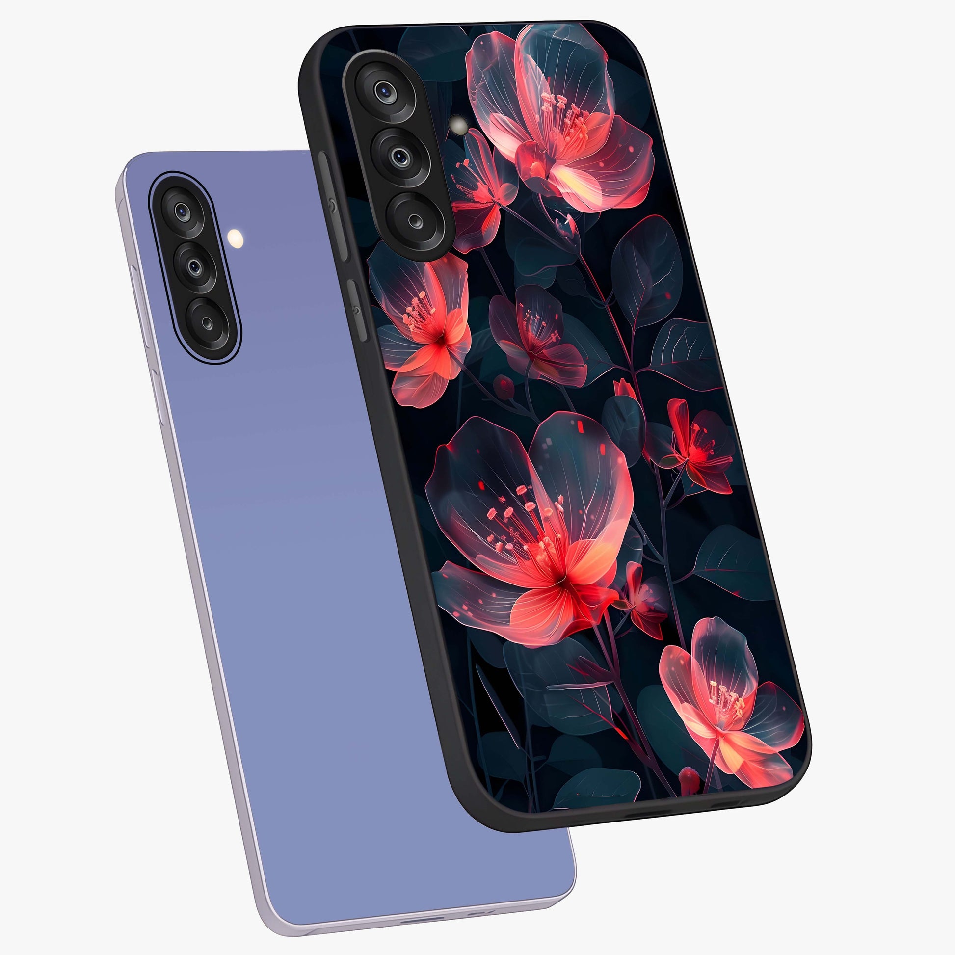 Dark Shade of Flower Glass Case displayed in angled mockup highlighting moody floral illustration with aesthetic dark tones.