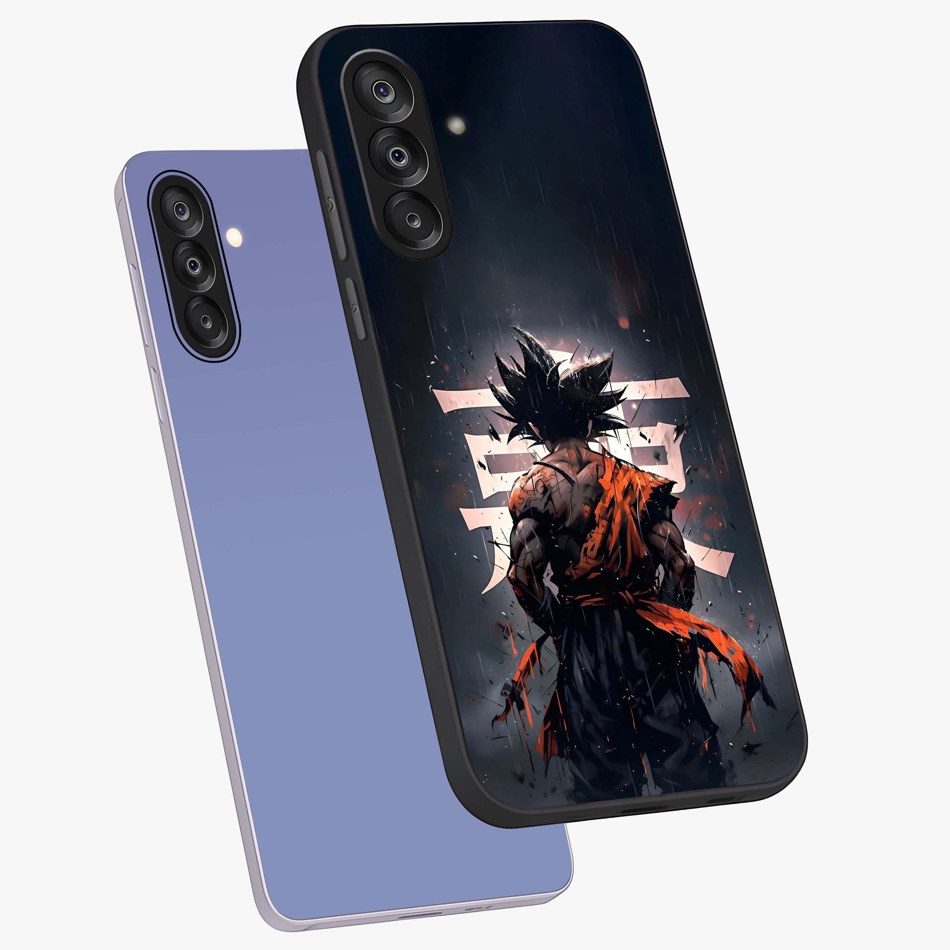 Dark Warrior In Rain Glass Case displayed in angled mockup highlighting dramatic warrior illustration with dark rain aesthetic.