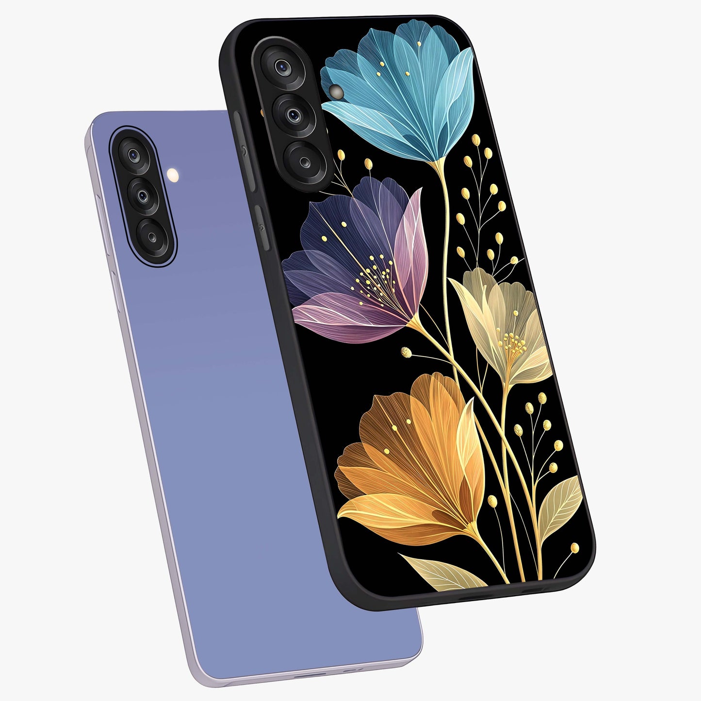 Delicate Multicolor Flowers Glass Case displayed in angled mockup highlighting colorful flower pattern with soft aesthetic style.