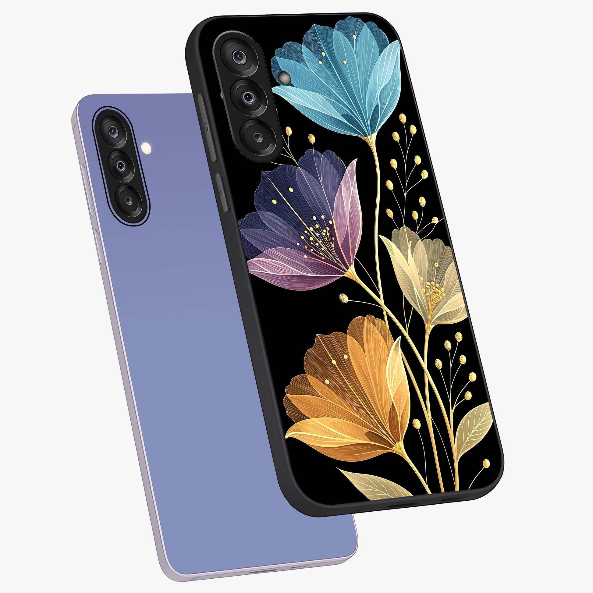Delicate Multicolor Flowers Glass Case displayed in angled mockup highlighting colorful flower pattern with soft aesthetic style.