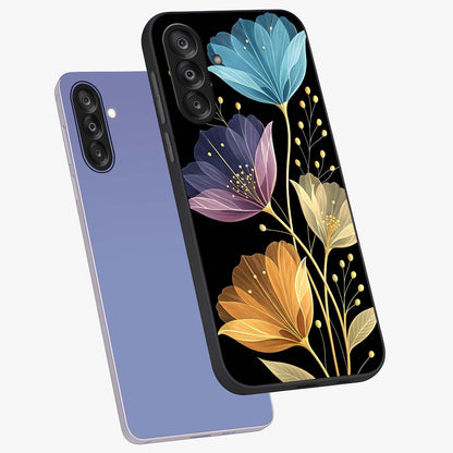 Delicate Multicolor Flowers Glass Case displayed in angled mockup highlighting colorful flower pattern with soft aesthetic style.