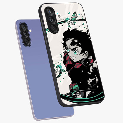 Demon Slayer Glass Case displayed in angled mockup highlighting dramatic anime character design with action aesthetic.
