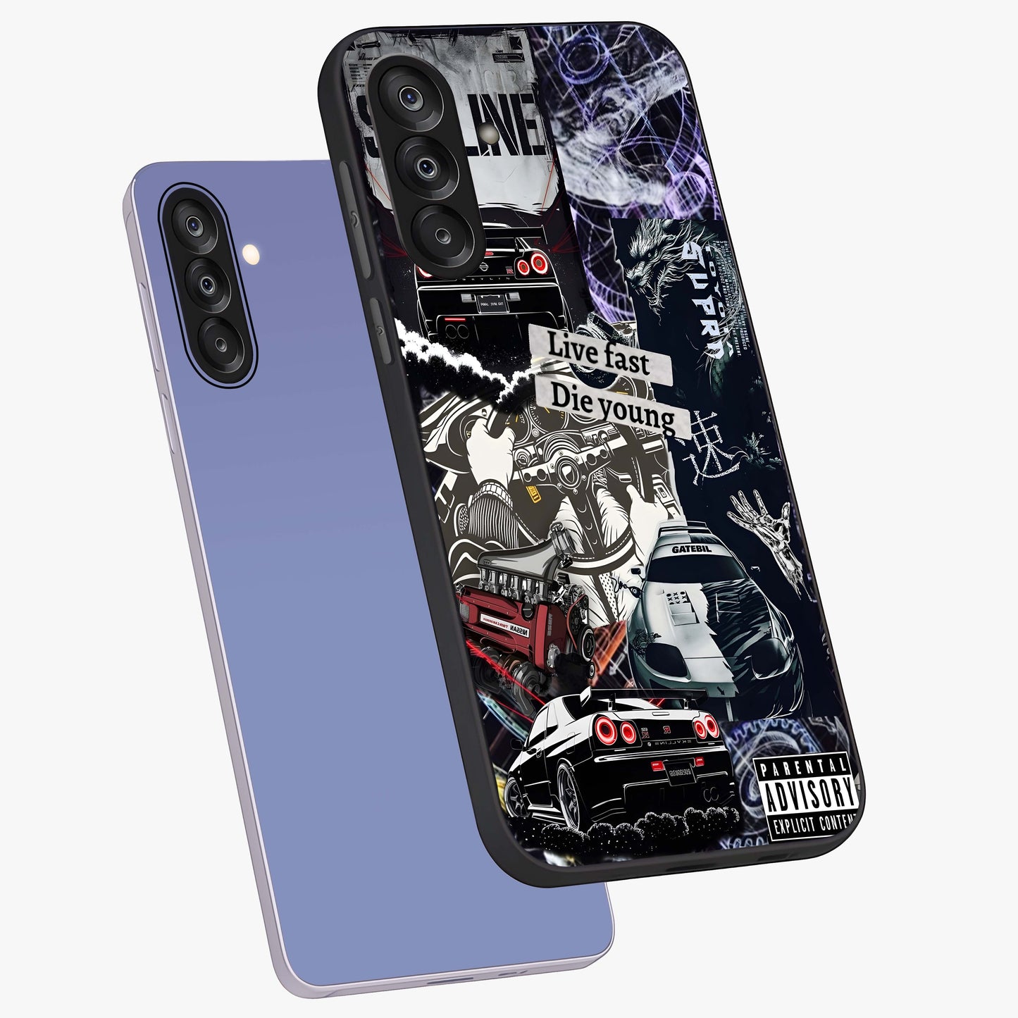 Die Young Glass Case displayed in angled mockup highlighting expressive graphic artwork with edgy aesthetic style.