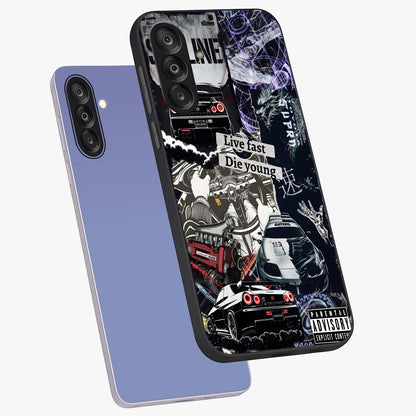 Die Young Glass Case displayed in angled mockup highlighting expressive graphic artwork with edgy aesthetic style.