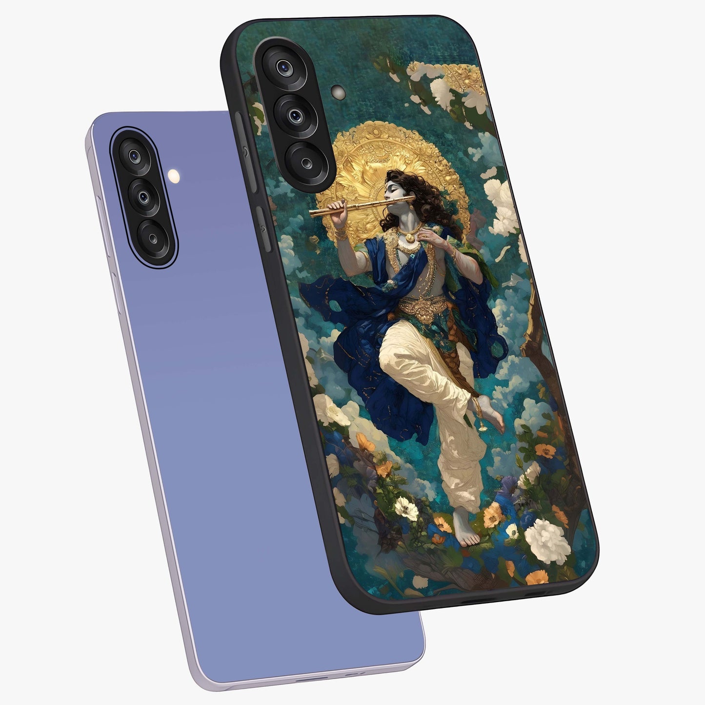 Divine Krishna Art Glass Case displayed in angled mockup highlighting spiritual Krishna illustration with devotional aesthetic.