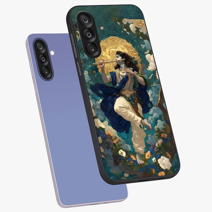 Divine Krishna Art Glass Case displayed in angled mockup highlighting spiritual Krishna illustration with devotional aesthetic.