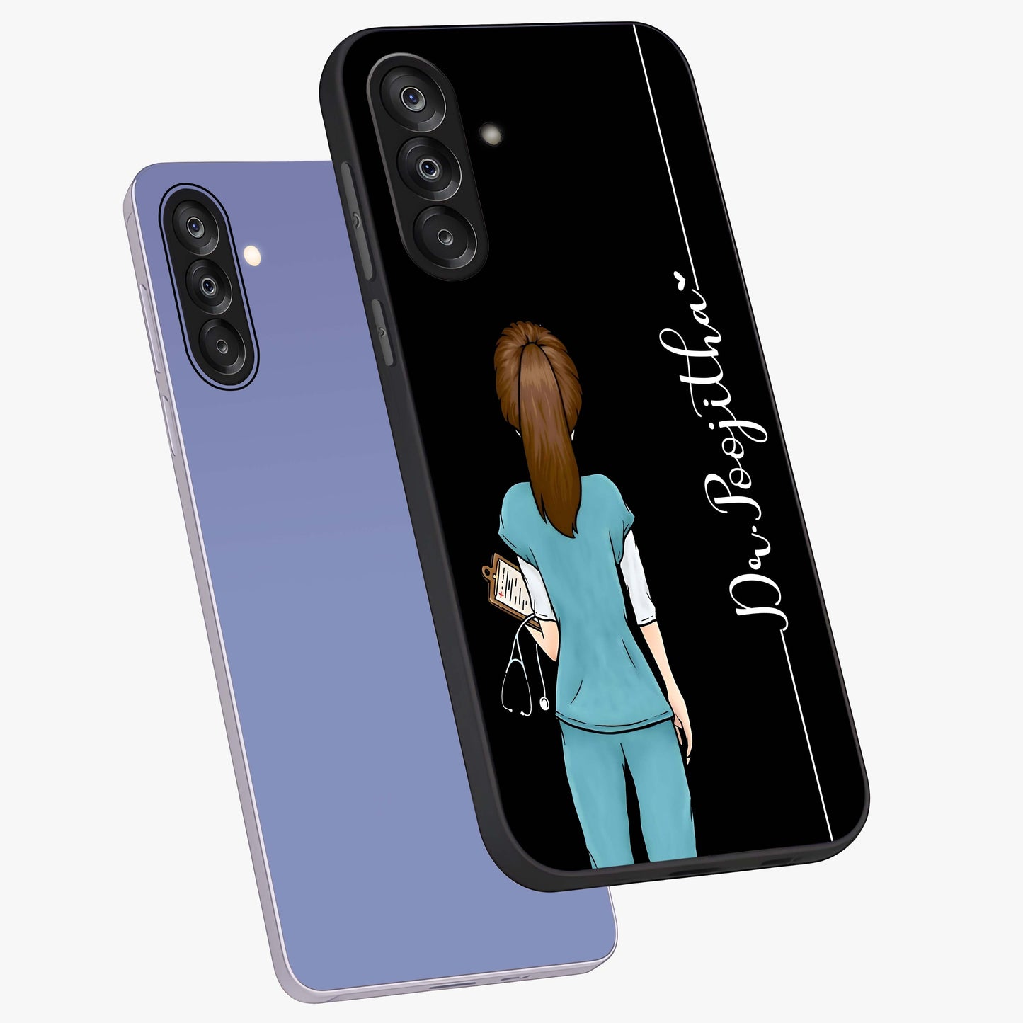 Doctor Pattern Custom Name Glass Case displayed in angled mockup highlighting doctor inspired artwork with custom name feature.