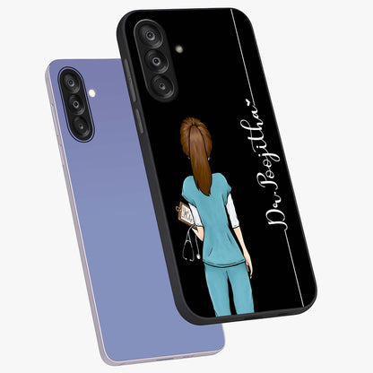 Doctor Pattern Custom Name Glass Case displayed in angled mockup highlighting doctor inspired artwork with custom name feature.