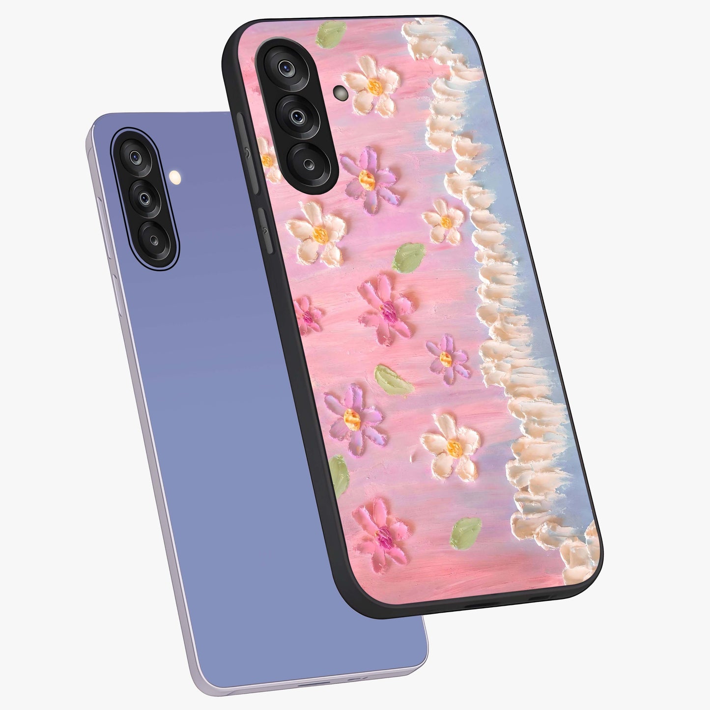 Dreamy Painted Garden Glass Case displayed in angled mockup highlighting colorful garden illustration with dreamy aesthetic style.