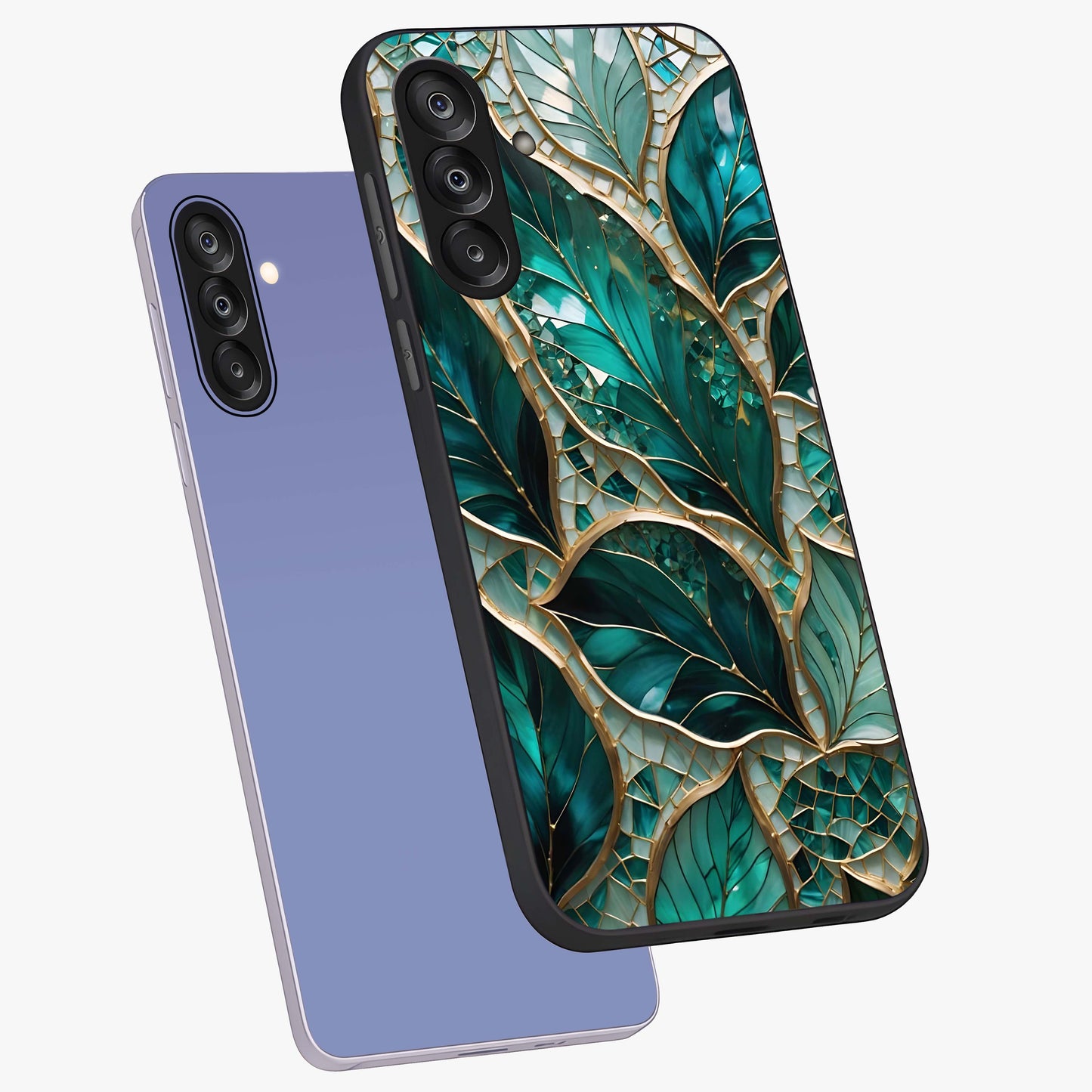 Emerald Leaf Glass Glass Case displayed in angled mockup highlighting botanical leaf illustration with elegant natural aesthetic.