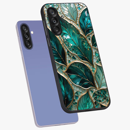 Emerald Leaf Glass Glass Case displayed in angled mockup highlighting botanical leaf illustration with elegant natural aesthetic.
