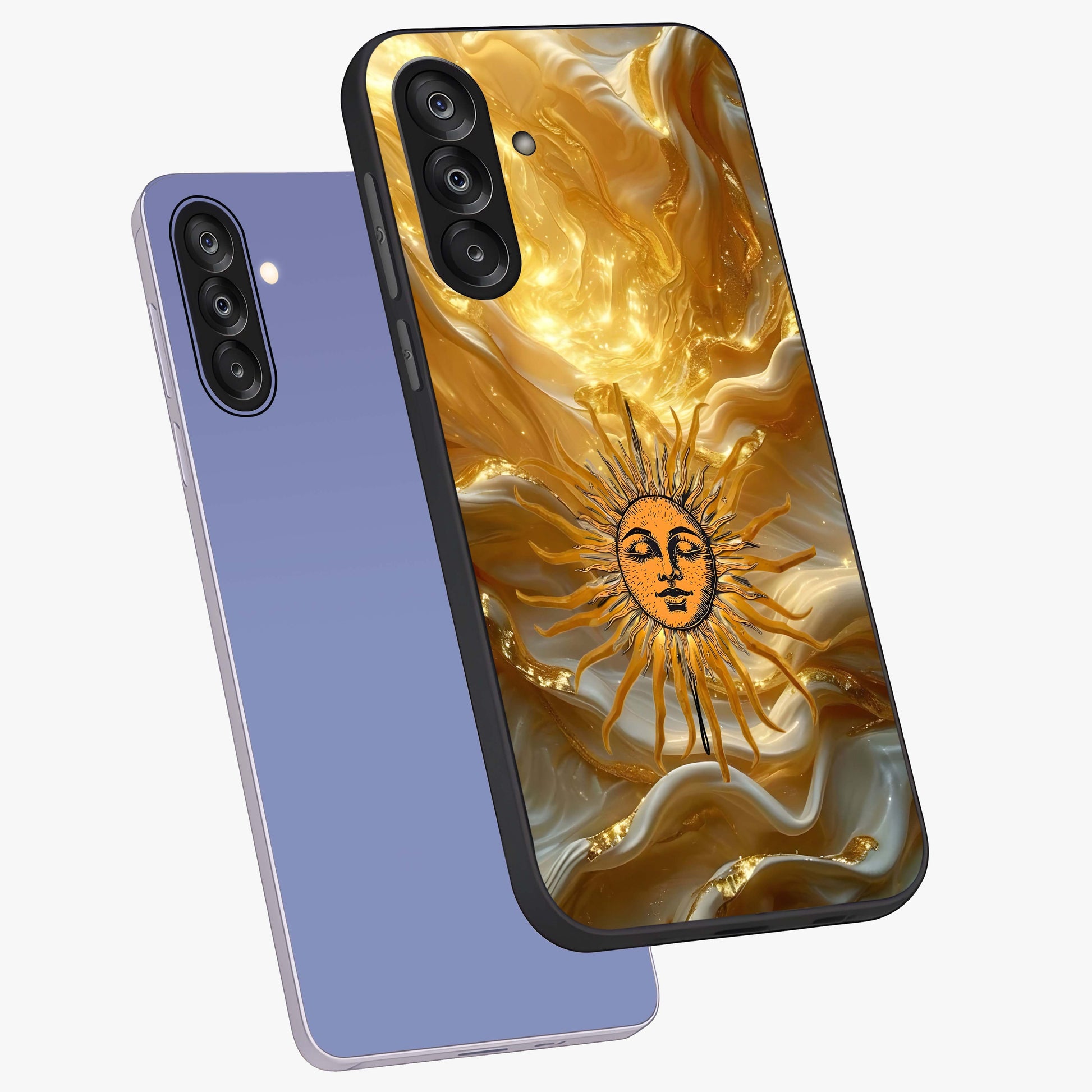 Eternal Golden Glow Glass Case displayed in angled mockup highlighting glowing golden aesthetic design with elegant style.