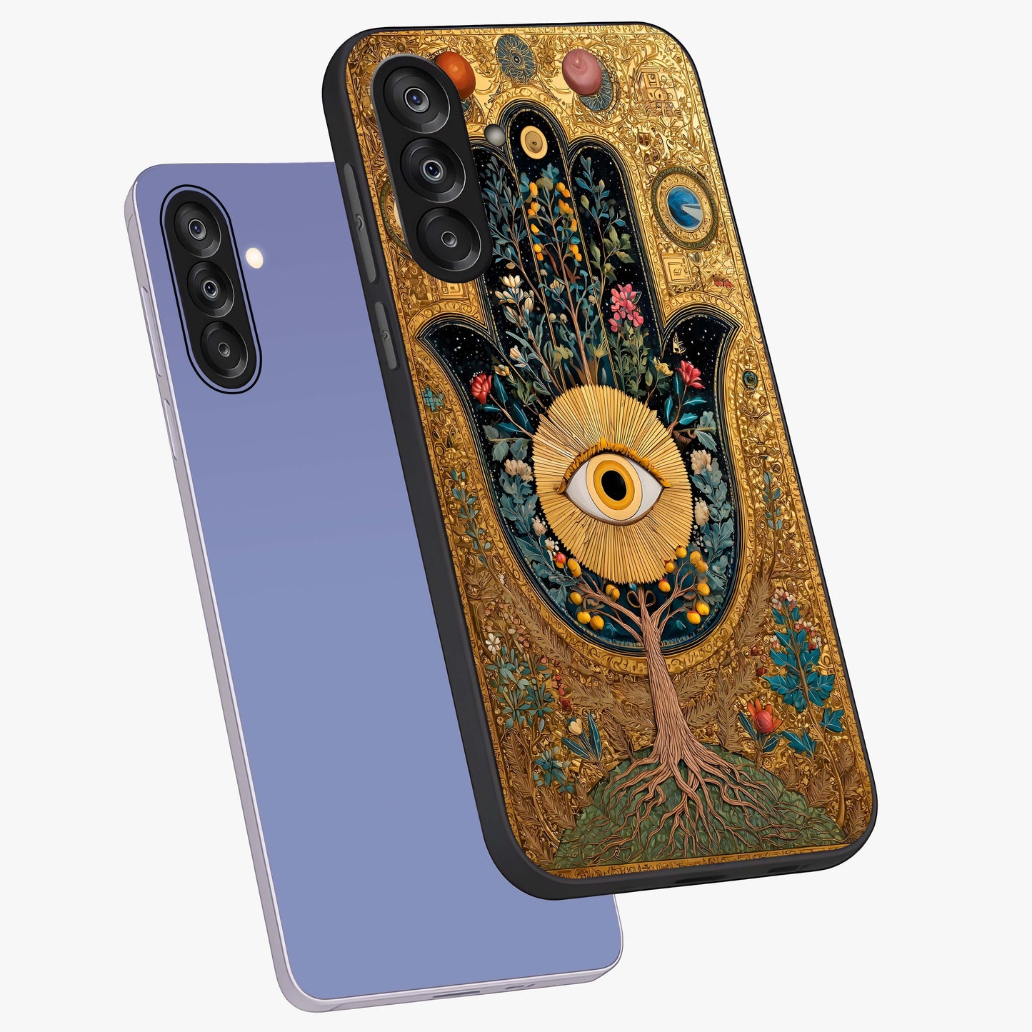 Ethereal Evil Eye Glass Case displayed in angled mockup highlighting protective evil eye symbol with spiritual aesthetic design.