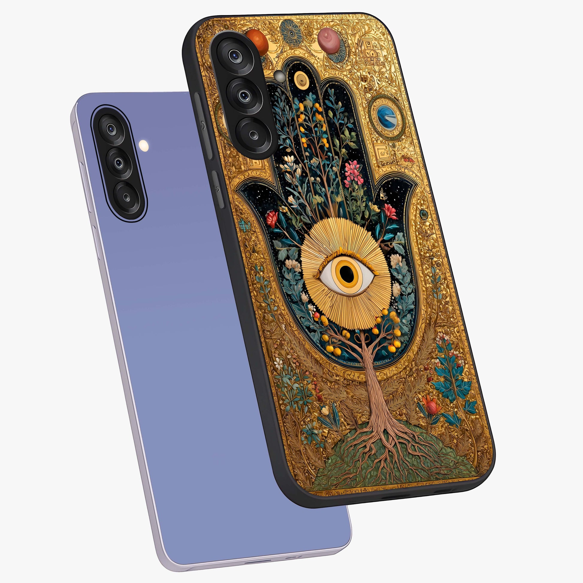Ethereal Evil Eye Glass Case displayed in angled mockup highlighting protective evil eye symbol with spiritual aesthetic design.
