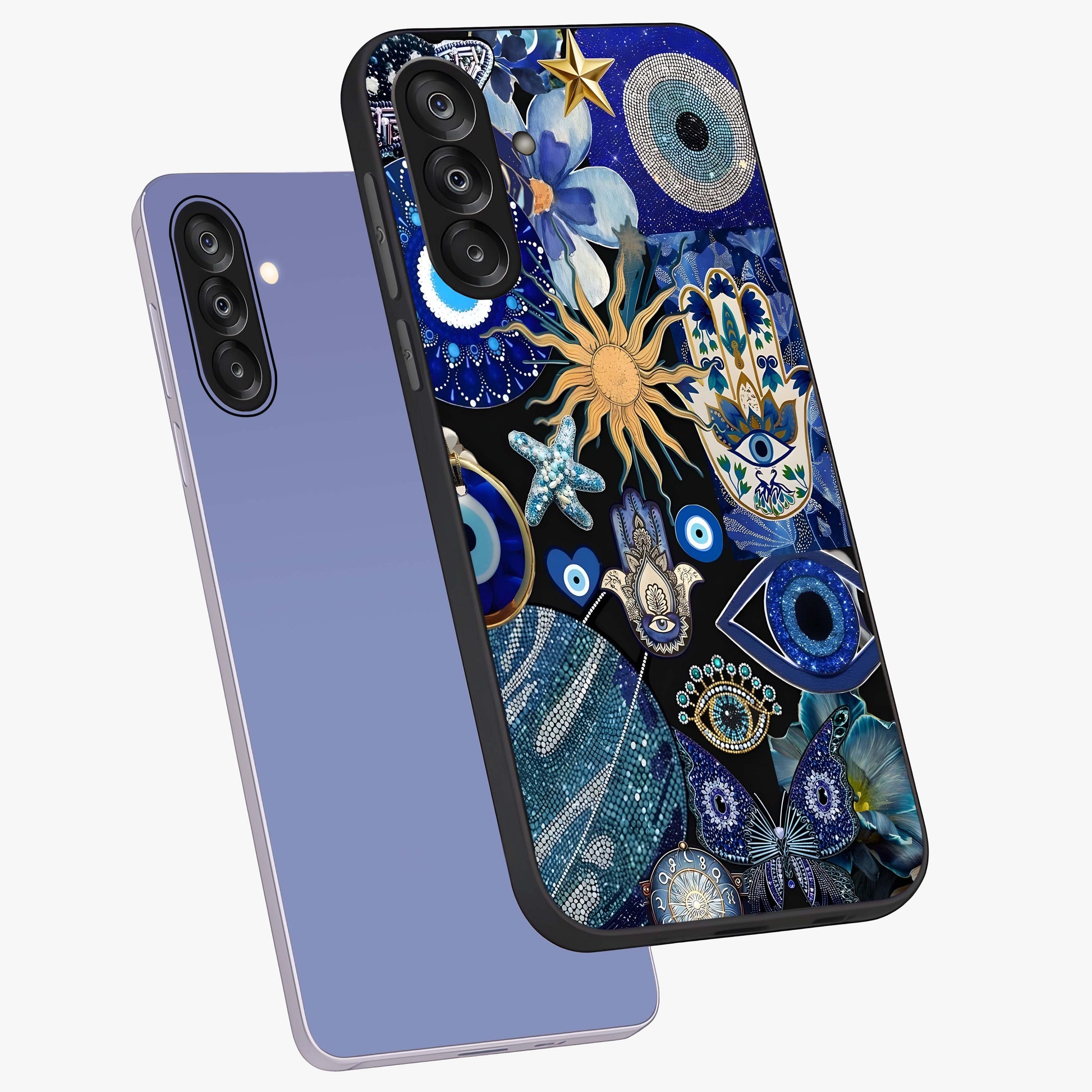 Evil Eye Charm Mix Glass Case displayed in angled mockup highlighting protective evil eye symbols with spiritual aesthetic design.