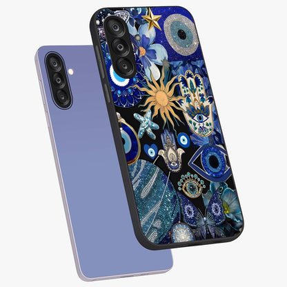 Evil Eye Charm Mix Glass Case displayed in angled mockup highlighting protective evil eye symbols with spiritual aesthetic design.