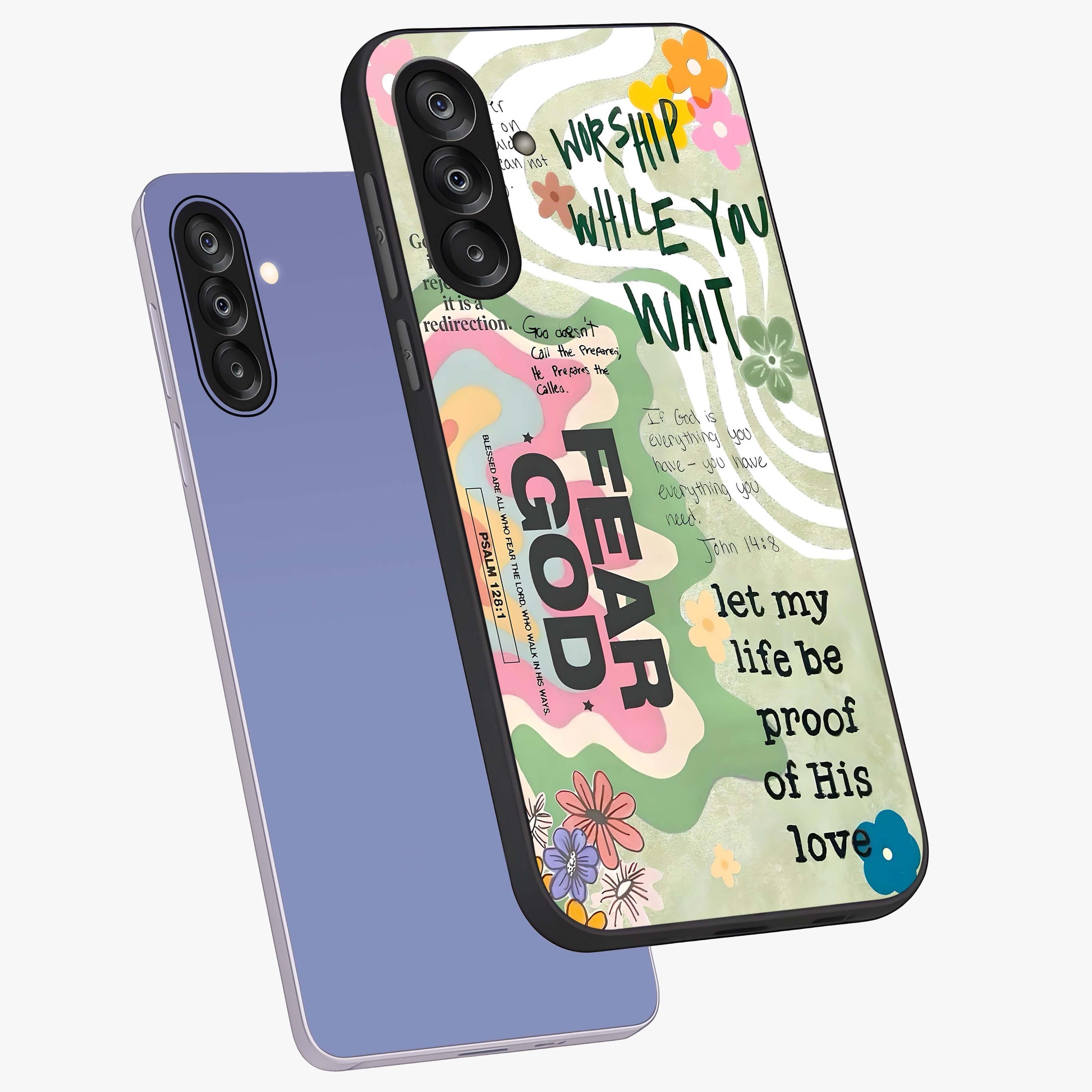Faith Over Fear Glass Case displayed in angled mockup highlighting inspirational message design with modern aesthetic style.