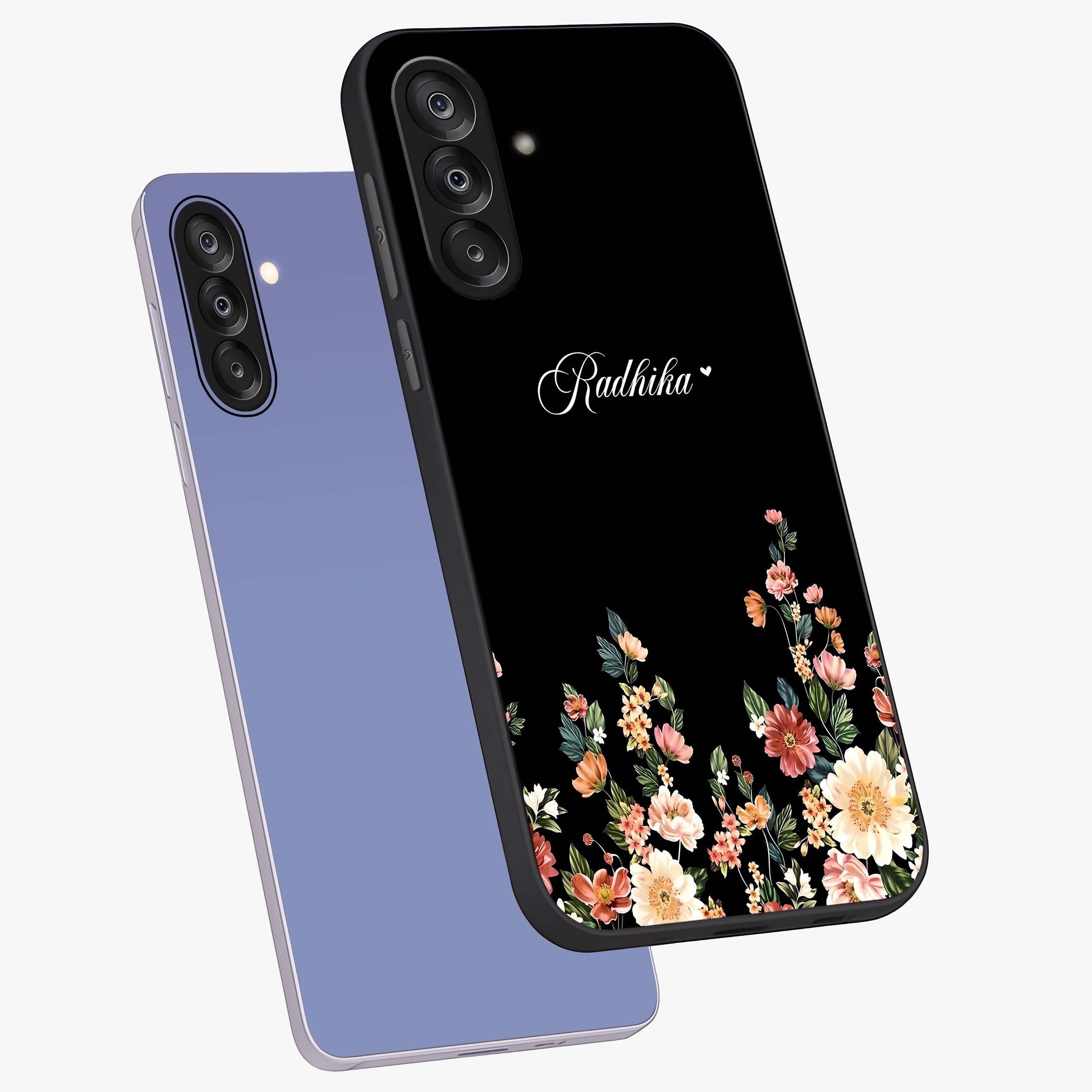 Floral Design With a Custom Personalized Name Glass Case displayed in angled mockup highlighting elegant floral pattern with custom name feature.