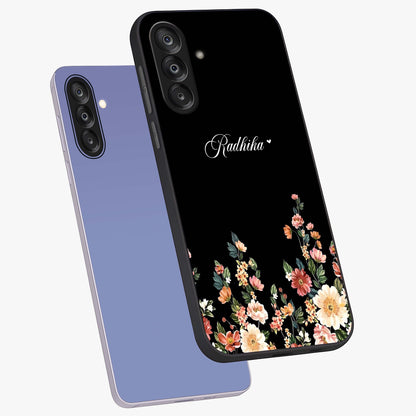 Floral Design With a Custom Personalized Name Glass Case displayed in angled mockup highlighting elegant floral pattern with custom name feature.